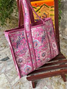 Bolso de Mano Acolchado de Algodón con Estampado de Bloques, Multiusos, para Oficina, Mercado, Salidas Informales, Viajes - Product Image 2