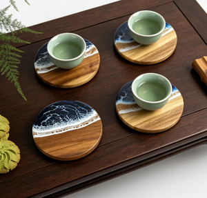 Posavasos Redondos de Resina con Diseño de Olas Oceánicas y Madera de Acacia, Resistentes al Calor, para Restaurantes, Hoteles, Bodas y Banquetes, Venta al Por Mayor - Product Image 6