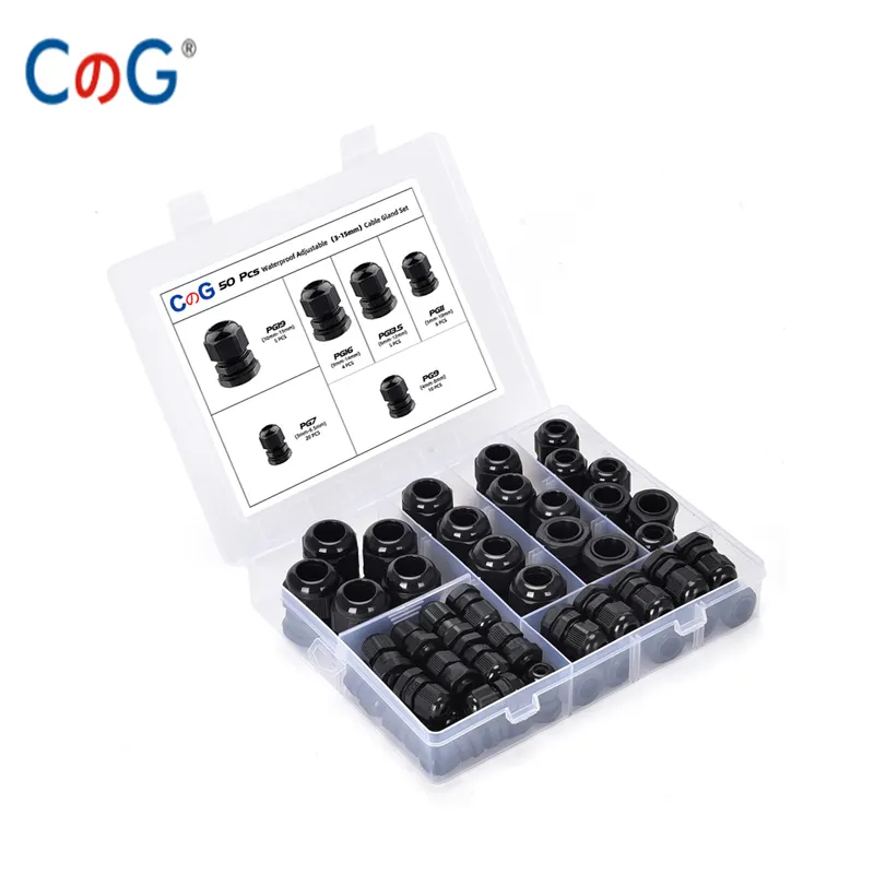 CG 50PCS pressacavo impermeabile PG7 PG9 PG11 pg13. 5 PG16 PG19 giunto di fissaggio del cavo in plastica nera con gamma di guarnizioni per Set da 3-15mm