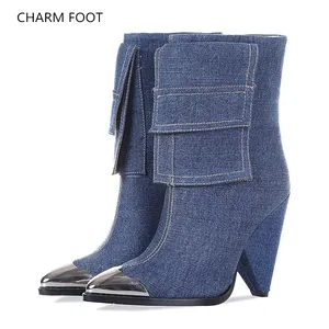 Foreign trade Denim Short boots women's autumn and winter pointed thick heel high heels high elastic warm cotton shoes