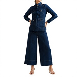 Hot Sale Women Denim Cotton Solid Breathable <b>High</b> Street Two Piece Jeans & Jacket <b>Top</b> Set Wholesale Price - Product Image 1
