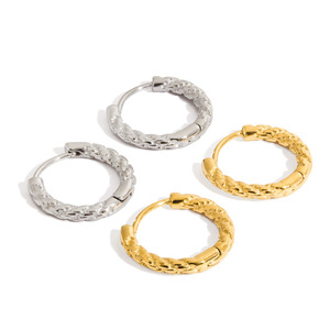Hoop Earrings 14K Gold Stainless Steel Hammered Classic Design Unisex Jewelry - Product Image 3