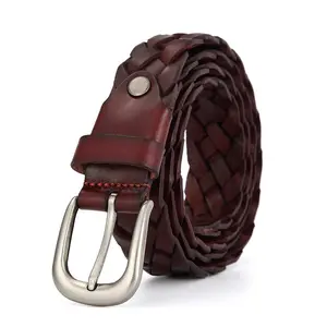 3.0cm 1.2" width pin buckle high quality strong italian genuine cow skin women's brown hand made leather braided belts