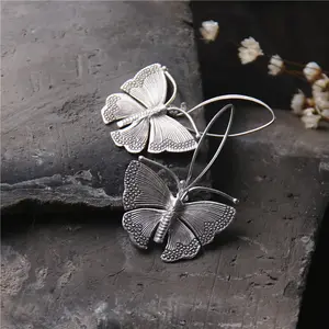 Thailand Bangkok Hand Make S925 Silver Wholesale Vintage Butterfly Dangle Hoop Earrings for Ladies