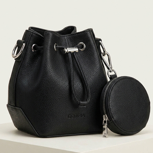 Fashion Women Bucket Bag Drawstring Shoulder Handbag Textured PU Leather Bucket Purse with Detachable Round Coin Pouch - Product Image 2