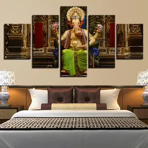 Kanvas Seni Lukisan untuk Dekorasi Dinding Ruang Tamu 5 Potongan India Buddha Tuhan Hindu Gajah Ganesha HD Dicetak Lukisan