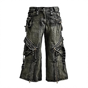 Pantalon cargo pour homme, taille haute, coupe ample, style motard, avec poches plaquées, couleur unie, fermeture boutonnée - Product Image 1