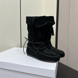 Botas de Mujer Otoño 2025, Nuevas, con Punta Cuadrada, Estilo Retro, Tejidas, de Cuero Genuino, Planas, con Borlas, Ligeras, Estilo Western - Product Image 6