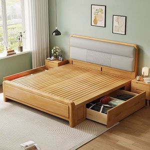 <span class=keywords><strong>Cama</strong></span> Contemporánea de Madera de Roble Natural con Luz Nocturna Recargable y Fácil Montaje para Dormitorio Moderno - Product Image 4
