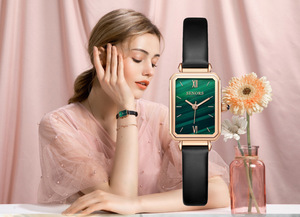 Women Rose Gold Rectangle Quartz <b>Watch</b> Green Dial <b>Black</b> Leather Strap Analog Elegant Fashion Timepiece 26mm - Product Image 6