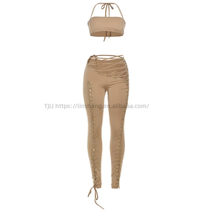 Women's Solid Color Halter Neck <b>Tie</b>-Front Top & Lace-Up Sexy Pants 2-Piece <b>Set</b> Fashion - Product Image 6