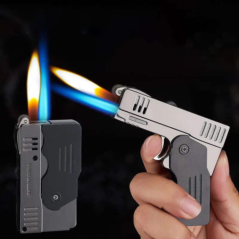 Creative flint lighter feuerzeug Mini toy Gun Outdoor Tools Butane Gas Smoking Cigar Windproof 2 Flame Jet flame gun lighter