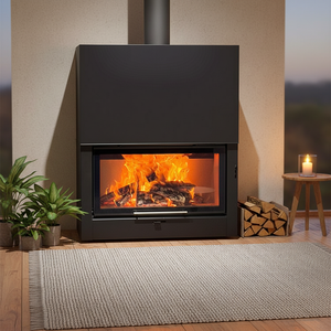 Cheminée moderne à bois véritable avec <span class=keywords><strong>foyer</strong></span> réel, corps en acier épaissi, grande vitre panoramique, porte coulissante, chauffage au feu véritable - Product Image 4