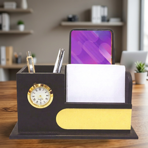 Desk Organizer with Clock <b>Phone</b> Holder Pen Stand Memo Slot <b>Office</b> Desktop Gift - Product Image 4