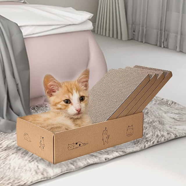 4 Packs in 1 Modern Design Cat Scratch Pad Box Cat Scratcher Wood Reversible Durable Recyclable Wood for Cats Rest Carton Packed