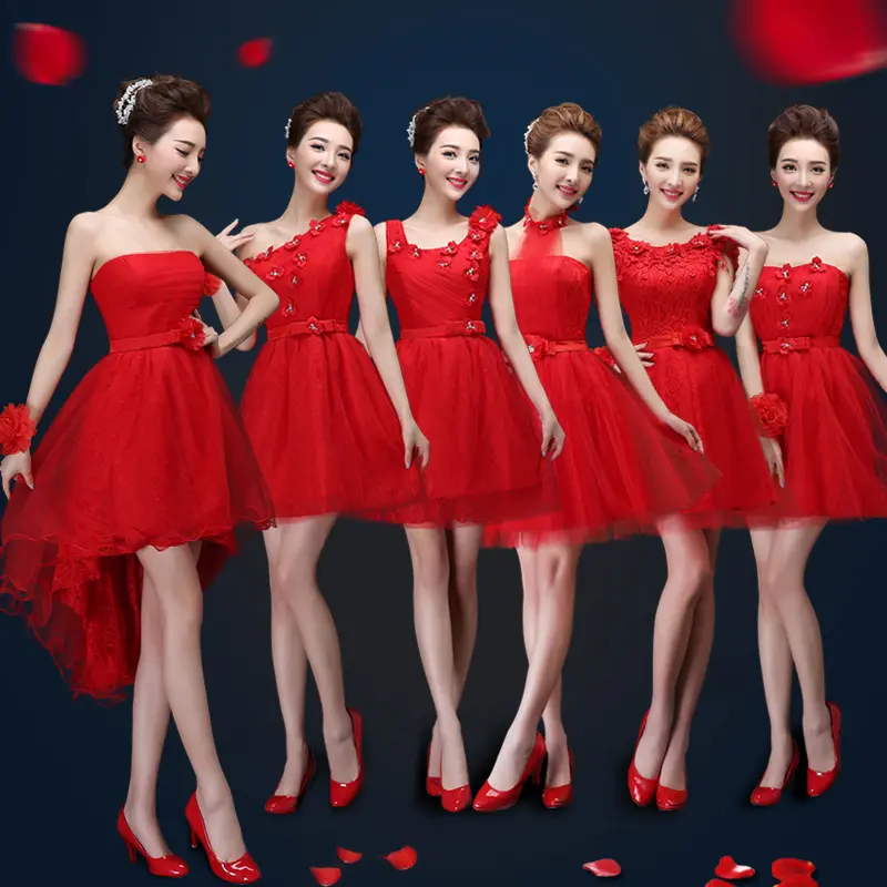 Elegant Sexy Sleeveless Formal Evening Gowns Bridesmaid Dress Midi Style Red Gorgeous Lace Wedding Dress