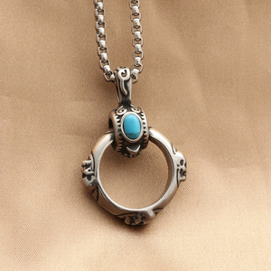 Collar de Acero Inoxidable con Colgante de Calavera Turquesa y Bisel Geométrico, Estilo Retro Punk para Hombre, Joyería de Regalo - Product Image 1
