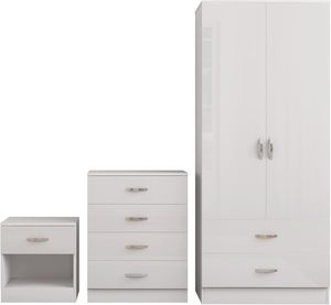 Set di Mobili per Camera da Letto in 3 Pezzi Bianco Lucido: Armadio a 2 Ante con 2 Cassetti, Cassettiera a 4 Cassetti e Comodino - Product Image 1