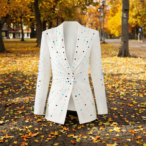 Blazer pour femme orné de strass blancs, manches longues, col cranté, fermeture à un bouton - Product Image 3