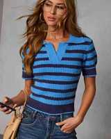 Nouvelle Collection Été Femme : Chemisier Tricoté à Col Revers, Rayures Contrastées, Coupe Ajustée, Élégant, Tendance, Respirant et Polyvalent