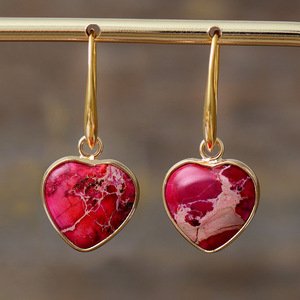 Heart Shape Drop Earrings <b>Red</b> Natural Stone Bezel Setting Gift Jewelry Zinc Alloy - Product Image 1