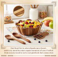 Nouveau produit tendance : grand saladier en bois d'acacia ondulé, ensemble de bols à salade en bois avec fourchette et cuillère pour la cuisine à domicile
