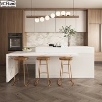 Meubles de cuisine modulaires modernes en placage de bois de chêne naturel, avec évier, robinet, panier de tiroir, plan de travail en quartz de 20 mm, contreplaqué, centre commercial