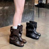 Bottes de motard vintage noires en similicuir pour femme, à bout rond, avec bride à boucle, mi-mollet, style décontracté, faible MOQ, ODM