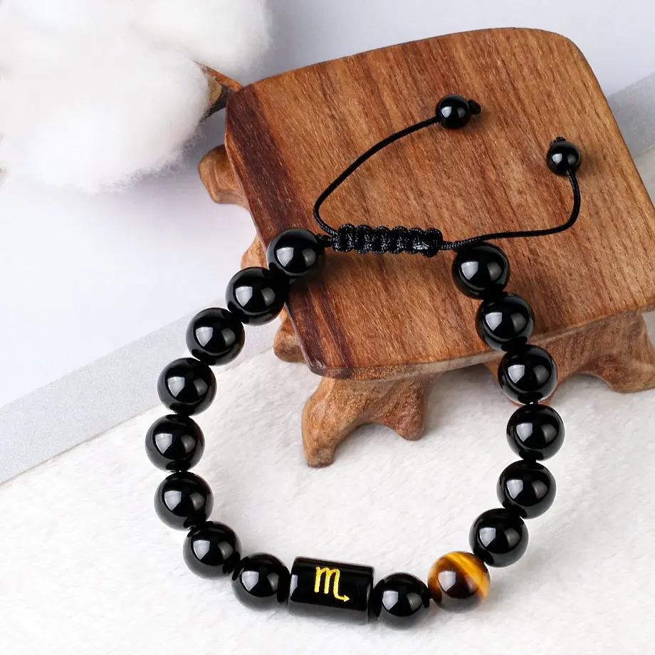 Bracelet For Men Vintage Black Agate Stone Beads 12 Zodiac Sign Charms Adjustable Bracelet For Women Men Pray Lucky Identification