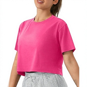 Camiseta Deportiva Corta para Mujer, Color Rosa Sólido, Cuello Redondo, Manga Corta, Tejido Transpirable, Estilo Casual - Product Image 1