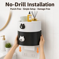 Boîte à mouchoirs murale sans perçage, 2 niveaux, en ABS, organisateur de salle de bain avec compartiment caché, support de téléphone, bouton ours