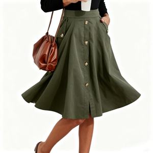 Jupes mi-longues pour femmes en gros, élégantes, amples, boutonnées, taille haute, poche française, taille empire, coton respirant, prix bas - Product Image 2