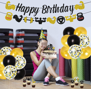 Kit de fournitures pour fête d'anniversaire sur le thème <span class=keywords><strong>du</strong></span> fitness : Bannières, drapeaux, guirlande, décoration de gâteau, décorations de cupcakes sur le thème de la <span class=keywords><strong>gym</strong></span> et de l'exercice, ballons en latex à hélium et confettis - Product Image 3