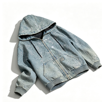 Sweat à capuche zippé en jean vintage avec strass et broderie 3D, coupe ample et oversize, lavage personnalisé, pour homme, éco-responsable