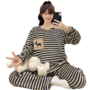 Pijamas de Franela Transpirables y Térmicas para Mujer, Estilo Casual de Moda para Invierno y Primavera, Cuello Alto, Mangas Largas, Cintura Elástica - Product Image 1