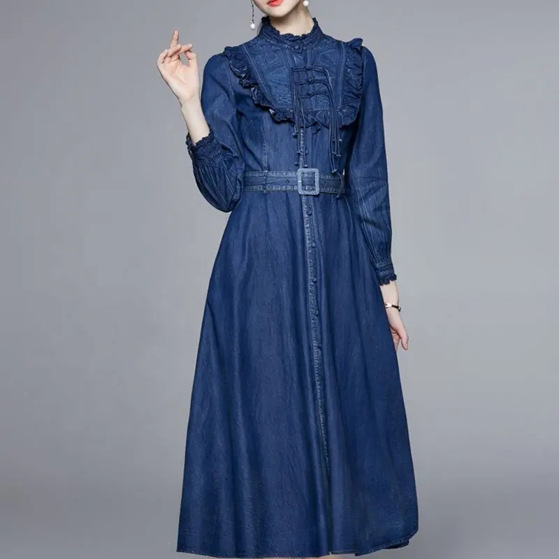Autumn New Women's Denim Dress Casual Women's Stand Collar High Waist Slim Plus Size Dress