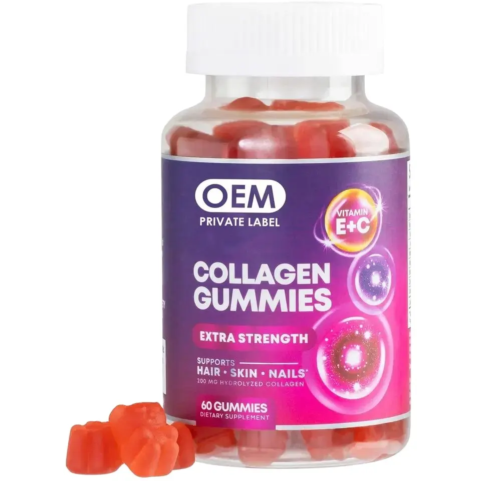 Menyesuaikan Logo OEM kolagen Gummies Vitamin E C kekuatan ekstra mendukung rambut kulit kuku 60 Gummy Vitamin