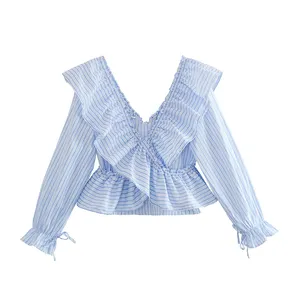 Front ruffle blue color striped print long sleeve with lace up v neck casual women crop top blouse