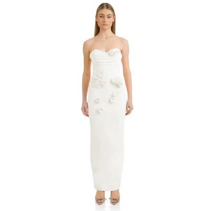 C3501 नवीनतम डिजाइन सफेद महिला बॉडीकॉन मैक्सी ड्रेस बो सेक्सी नाइट क्लब पार्टी लंबी पोशाक