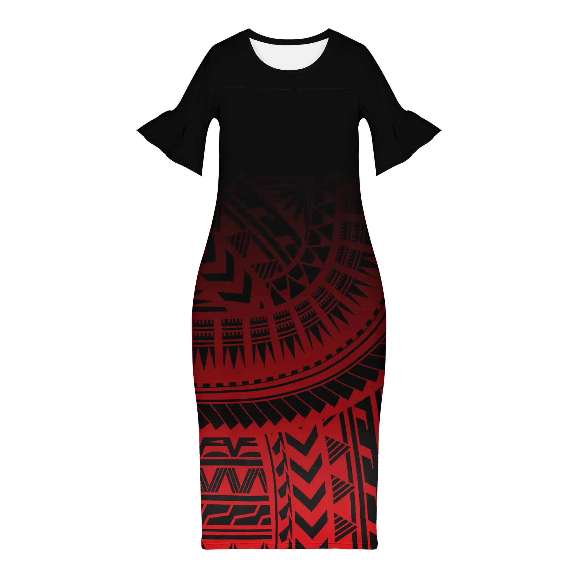 Black red gradient Sexy Lady Fashion Womens Dresses Polynesian tribal Tattoo Skirt Short Sleeve Beach Party Club Midi Dress