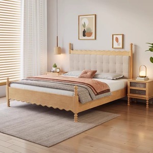 Japanese Style Solid Wood Bed 1.8M Platform Soft <b>Headboard</b> Modern Minimalist Bedroom Furniture - Product Image 3