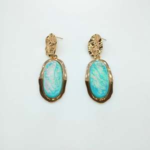 Fashion Drop Earrings 316L Stainless Steel PVD Gold Plating Sustainable Resistant Oval Turquoise Stone Design - Product Image 1