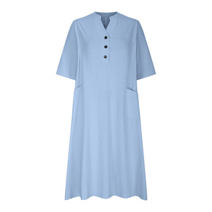 <span class=keywords><strong>Vestido</strong></span> de Mujer 2025 de Algodón y Lino con Cuello en V, Botones, <span class=keywords><strong>Media</strong></span> <span class=keywords><strong>Manga</strong></span>, Alta Calidad, Talla Grande, Holgado, con Bolsillos, Informal y Moderno - Product Image 5