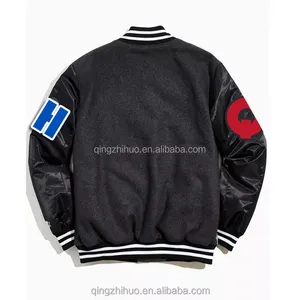 Patches Custom Cheap Dark Black Wool Jackets With Genuine White Cow Leather Sleeves Wholesale Letterman College Jackets