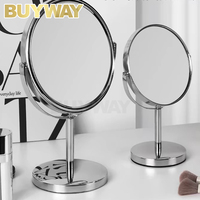 Miroir de courtoisie en métal chromé, double face 360° °   Miroir de maquillage rotatif de table avec grossissement 1X/2X et support en fer
