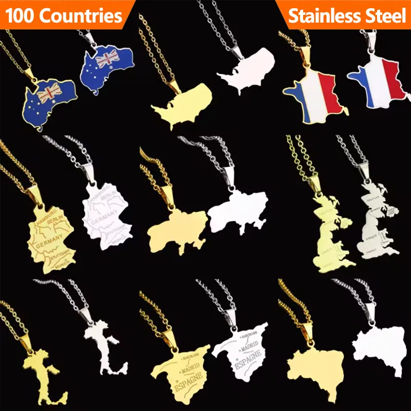 Aangepaste Verschillende Provincies Van De Wereld Link Ketting Voor Mannen Vrouwen Toeristische Souvenirs Groothandel 50Cm Kaart Roestvrij Staal Ketting