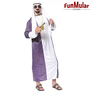 Funmular kostum Arab Dubai pria jubah putih lengan panjang dengan penutup untuk pakaian Cosplay Halloween