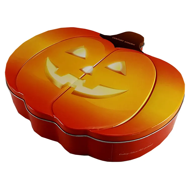 Elegante lindo regalo de vacaciones de Halloween empaquetado forma de calabaza chocolate caramelo galleta caja de lata