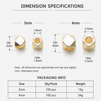 Perles entretoises cubiques à facettes en laiton plaqué or 18 carats, 3mm/4mm, 100 pièces/paquet, perles en vrac pour la fabrication de bracelets DIY