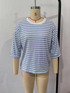 Camiseta de Punto a Rayas para Mujer, Hombros Caídos, Manga Tres Cuartos, Cuello Redondo, Corte Holgado, Informal, para Primavera y Verano - Product Image 5